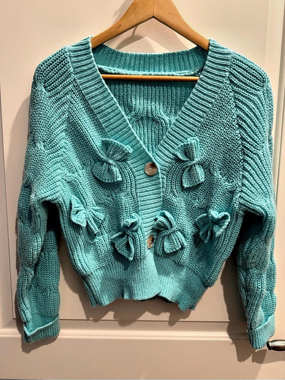 Bow Detail Knit Cardigan in Blue Size Small